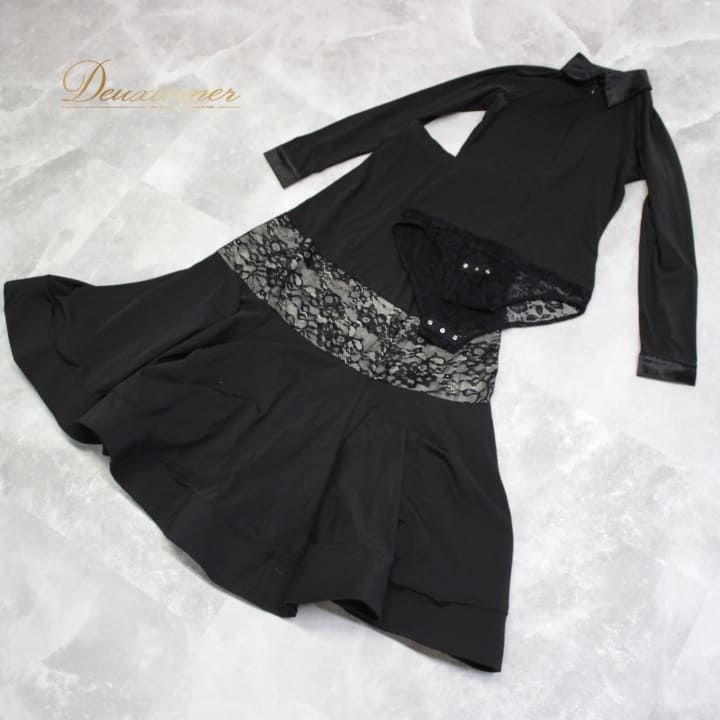 社交ダンス 衣装 スタンダード セットアップ ツーピース レッスンウェア レディース オールシーズン Leirena レイリーナ 黒 ブラック系 長袖 花柄 レース レディースダンスウェア スカート付き 薄手 エレガント クラシック カジュアル USTAUSTRALIA_COM_AU