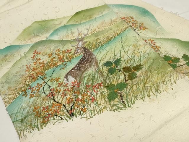 平和屋着物●九寸名古屋帯 作家物 手描き 髭紬 動物草花文 正絹 CAAZ6401dy