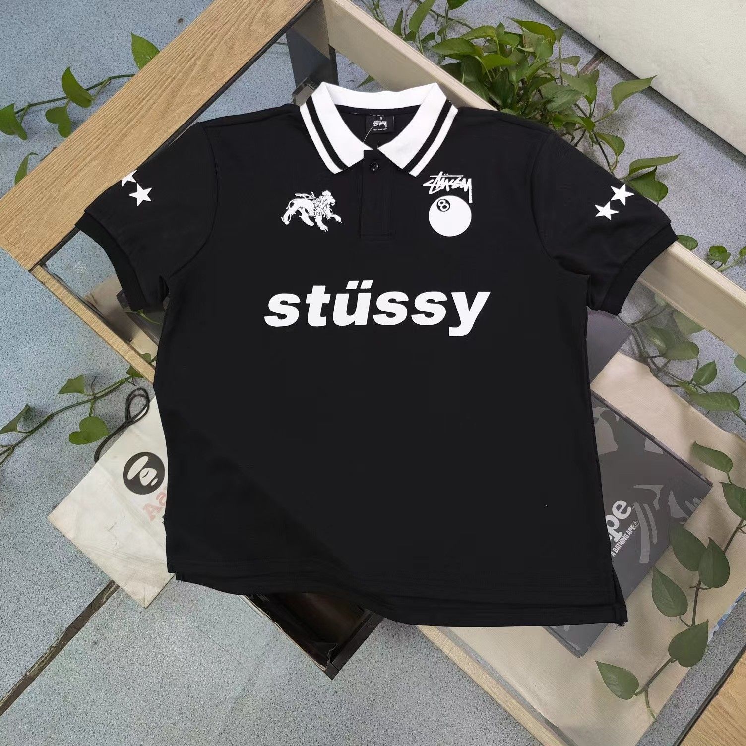 2024春夏新作 Stussy ステューシー スタービリヤード ブラック 8文字柄 ロゴプリント カジュアル カップル ルーズ 半袖 ポロシャツ 1401