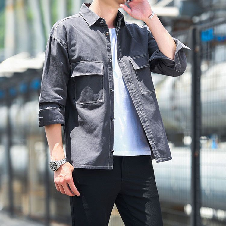 薄手 春 オーバーサイズ シャツジャケット 長袖 カジュアルシャツ ジャケット ミリタリーシャツ ゆったり 秋物 無地 メ