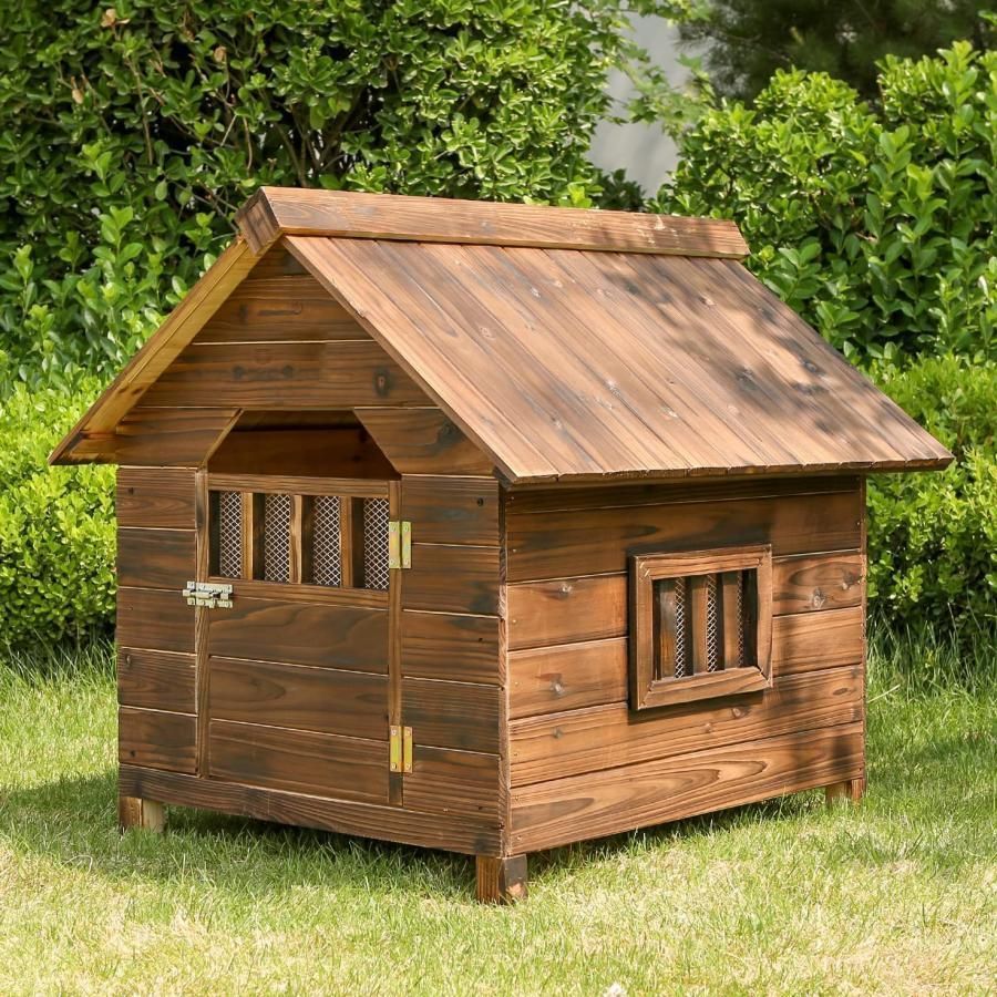 防風 防雨 犬小屋 屋外 サーモウッド製 ドッグハウス 窓付き 風通し ペットハウス 小型犬 中型犬 大型犬 テラス 屋外 杉木製 猫 ハウス 屋外 キャットハウス 小