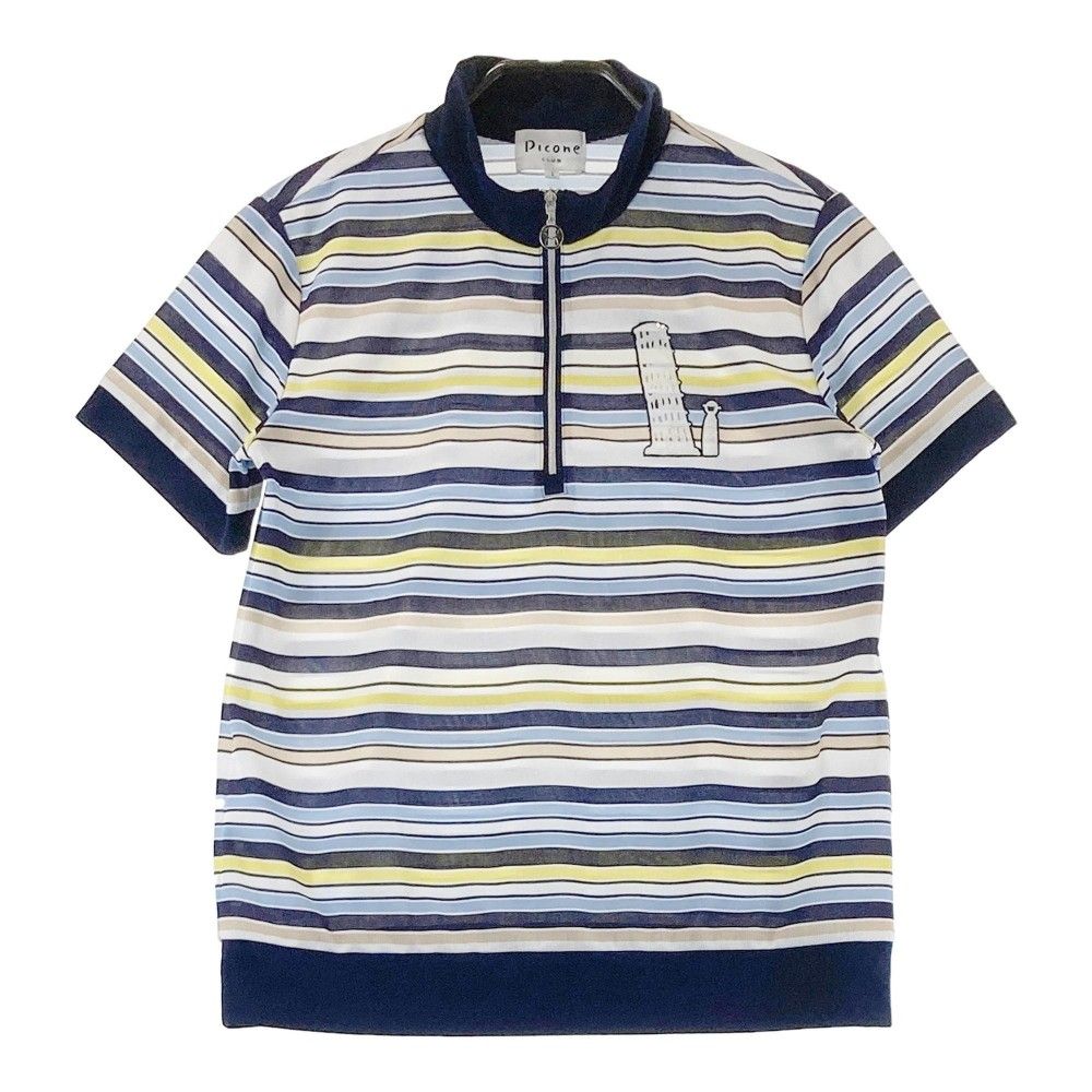 サイズ：1 PICONE CLUB ピッコーネクラブ ; ハーフジップ 半袖Tシャツ ボーダー柄 ネイビー系 [240101389039]# ゴルフウェア レディース ストスト