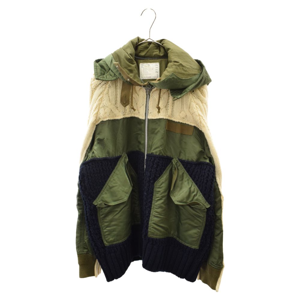 Sacai (サカイ) 19AW CABLE KNIT MA-1 JACKET 再構築 ジップアップ ドッキング ニット ジャケット カーキ  19‐02117M - メルカリ