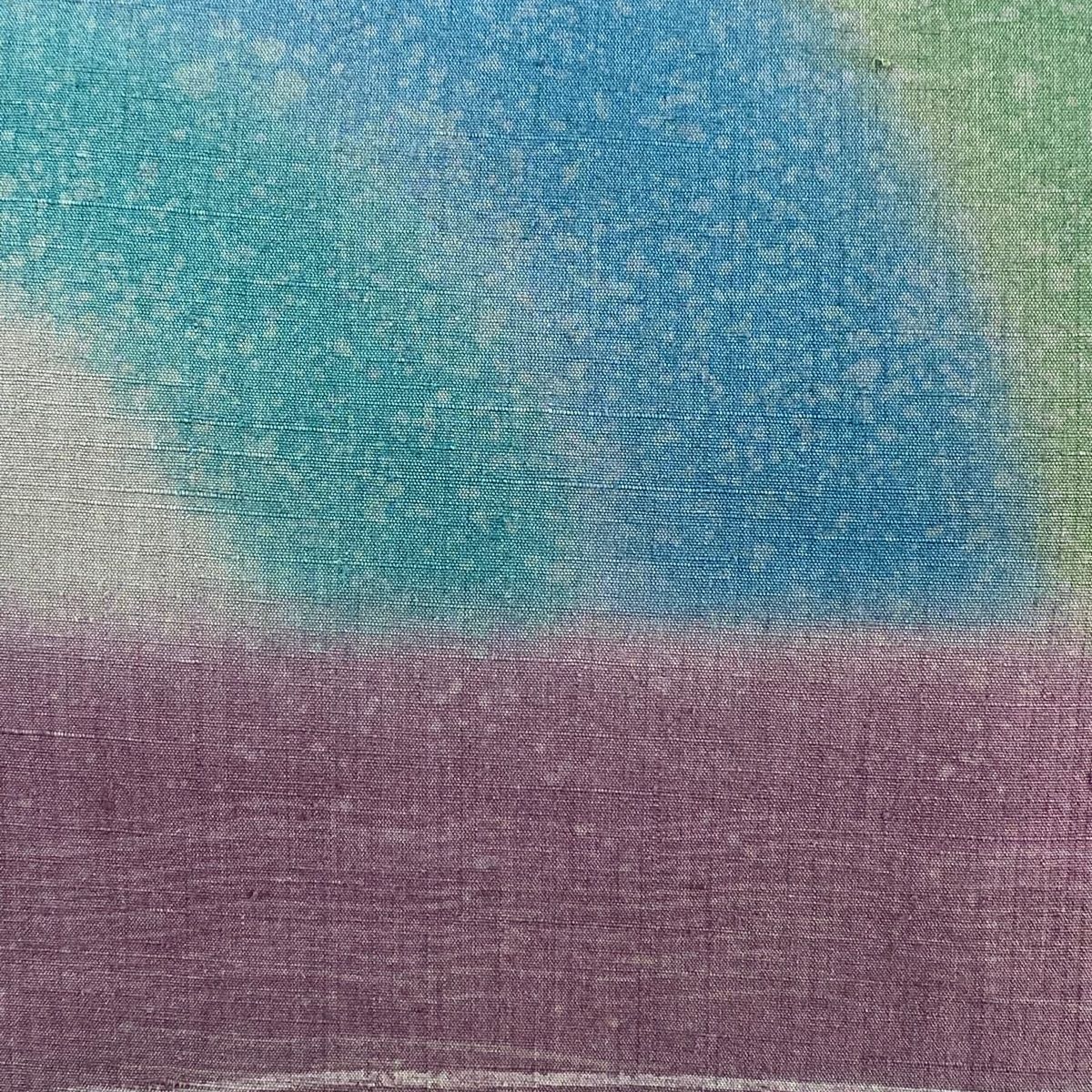 バイセル 着物 美品 名品 袋帯 紫 紬地 多色 ぼかし 正絹 ☆☆☆☆ 袋帯 美品 名品 紬地 幾何学模様 段縞 金彩 ぼかし 青緑 全通 正絹