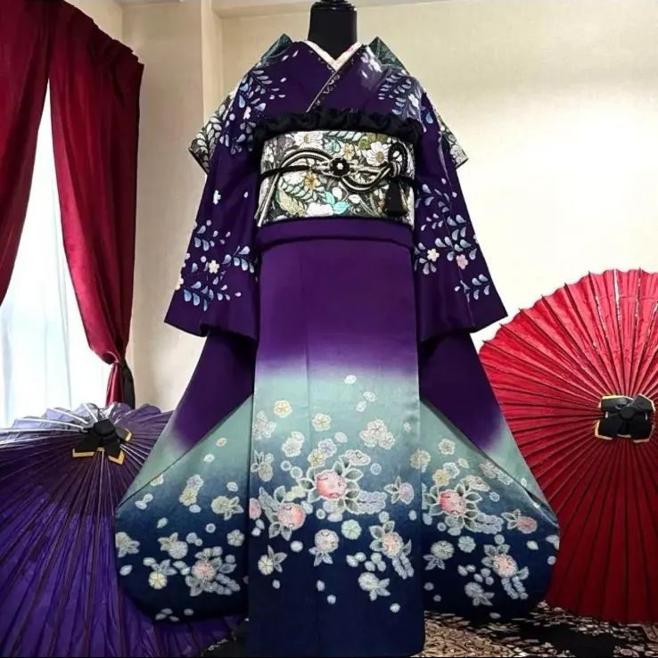 振袖フルセット(7点)・落款有・作家物・辻が花・絞り・深紫・藍