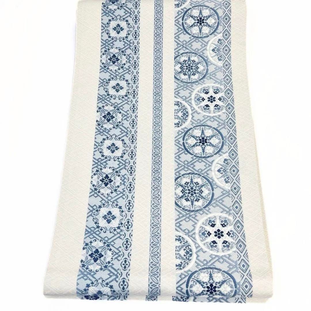 袋帯 作家もの 千太郎 藍染 縦縞 華紋 花菱 白地 着物 091a p