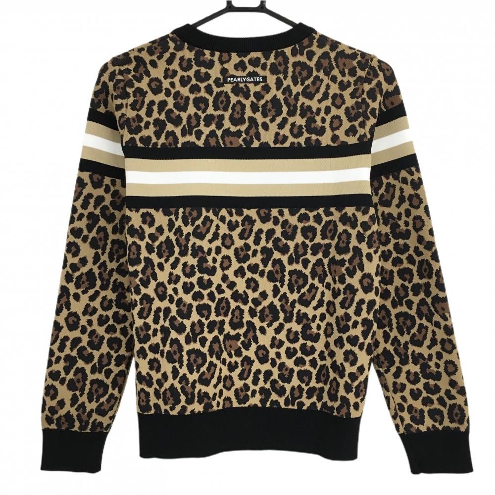 パーリーゲイツ セーター ライトブラウン×黒 レオパード柄 胸元ライン ロゴ刺しゅう レディース 0 S ゴルフウェア PEARLY GATES