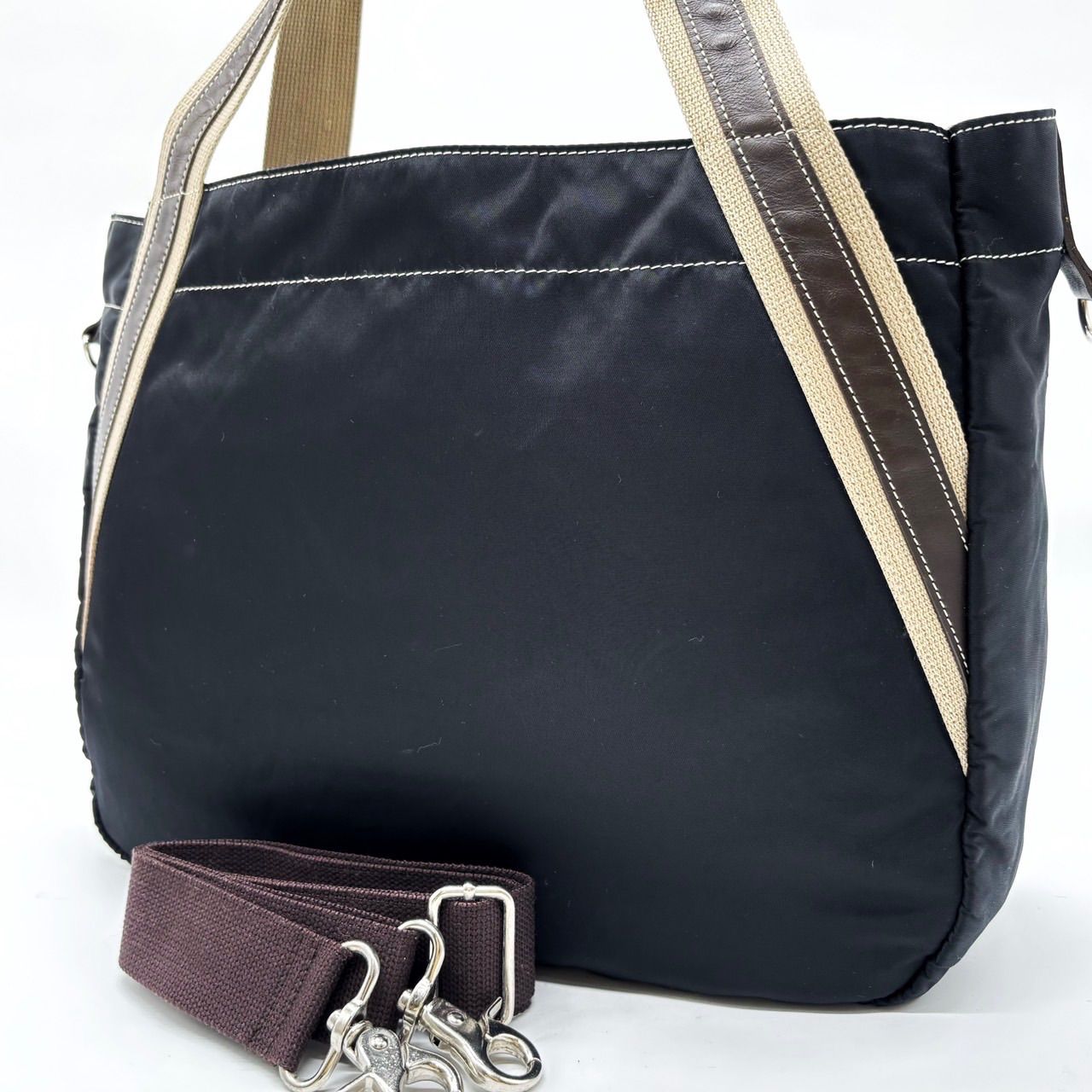 PRADA】2wayバッグ三角ロゴプレートストライプ柄ナイロンA4