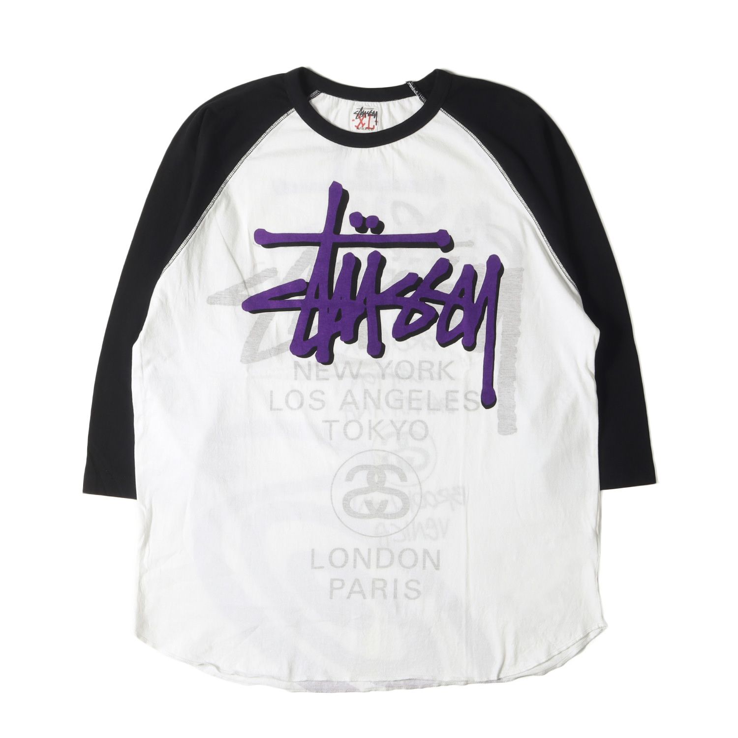 美品 STUSSY ステューシー Tシャツ サイズ:XL 両面プリント ワールドツアーロゴ 7分袖 ラグラン Tシャツ ブラック ホワイト 黒白 トップス カットソー 長袖【メンズ】