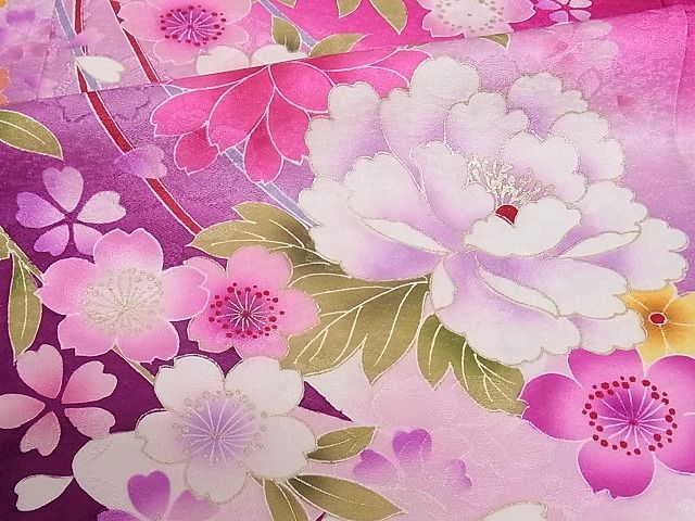 平和屋-こころ店□豪華振袖 駒刺繍 花籠文 暈し染め 金彩 着丈167cm 裄