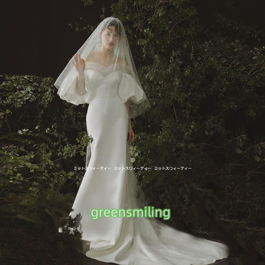 ウェディングドレス 花嫁 二次会 ウエディングドレス 結婚式 前撮り 披露宴 スレンダーライン マーメイド パフスリーブ 二次会 登場 ZZ520