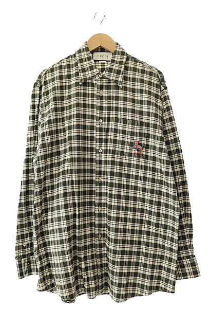 グッチ GUCCI 20AW キャットパッチ 刺繍 チェック柄 コットン 長袖 シャツ 633460 ZAFD3 15 緑 白 グリーン ホワイト ブランド古着ベクトル AA 250924
