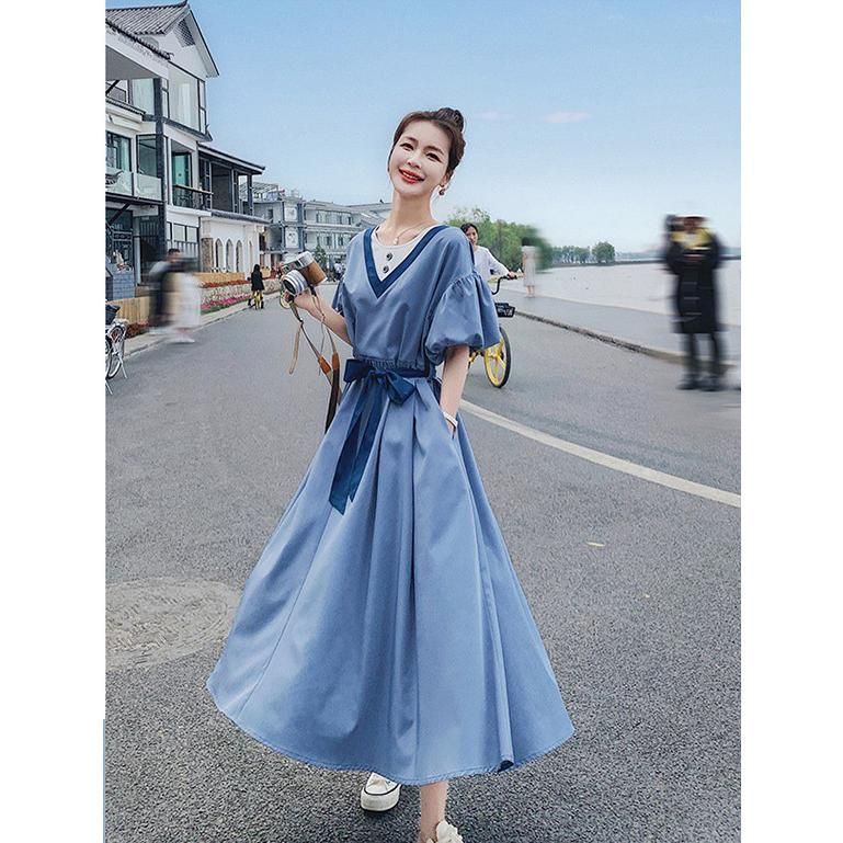青 シャツワンピース 半袖 リボン付き リボン半袖シャツワンピース・全