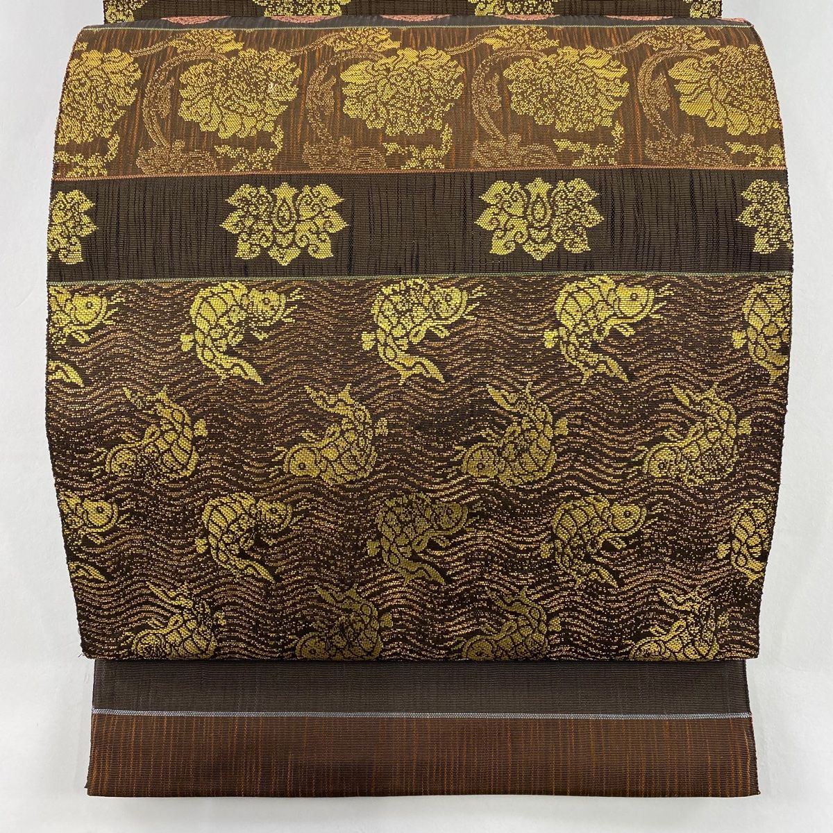 袋帯 秀品 落款 古渡裂類集 荒磯 花唐草 金糸 箔 茶色 お太鼓柄 正絹