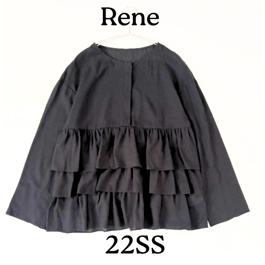 22SS Rene ルネ 段フリル ティアードブラウス キュプラ コットン 黒 ブラック 34 フォーマル トップス ペプラム
