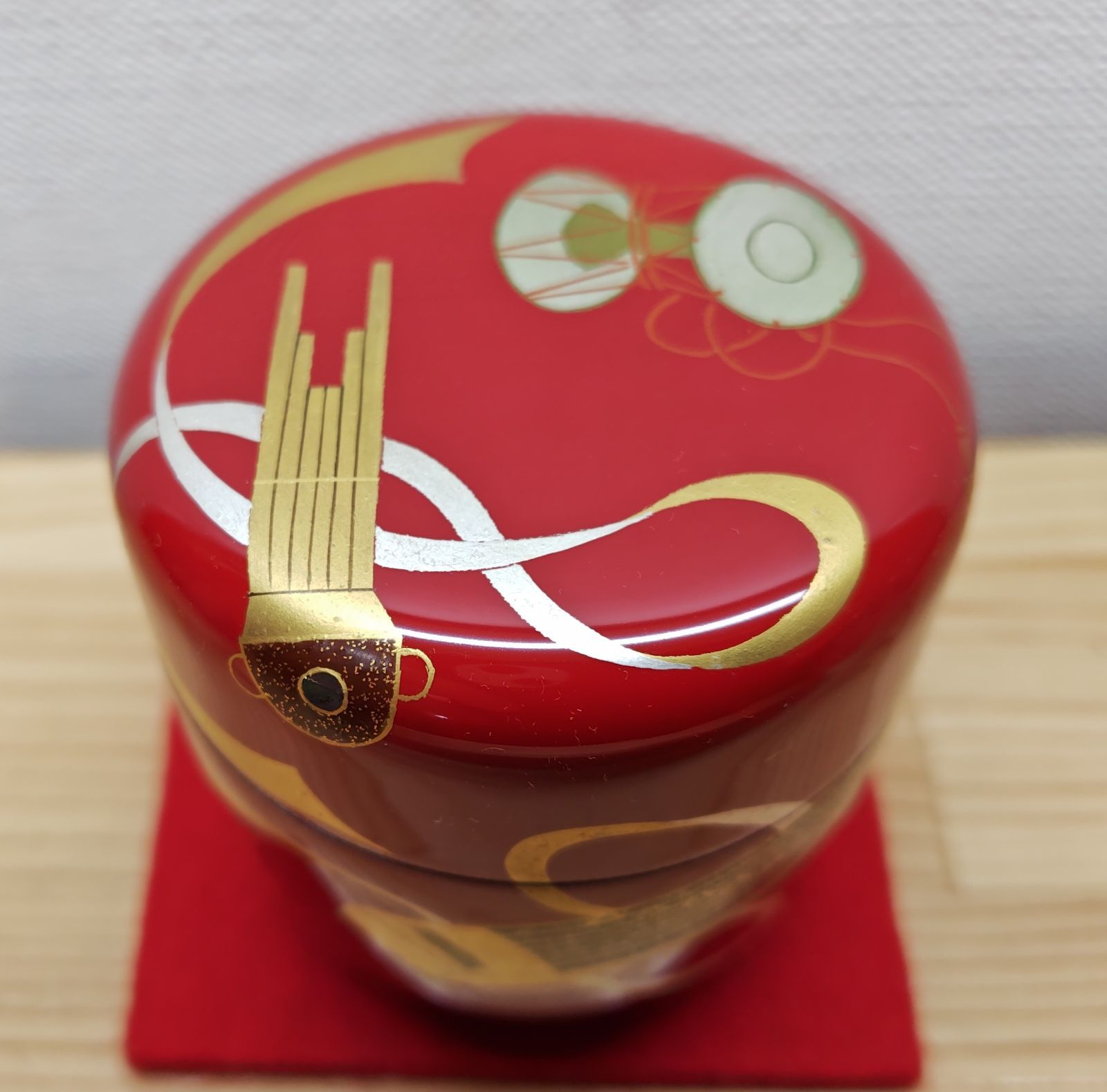 逢絢亭 茶道具 中棗 山中塗 朱塗 楽器蒔絵 中村湖彩 共箱入り