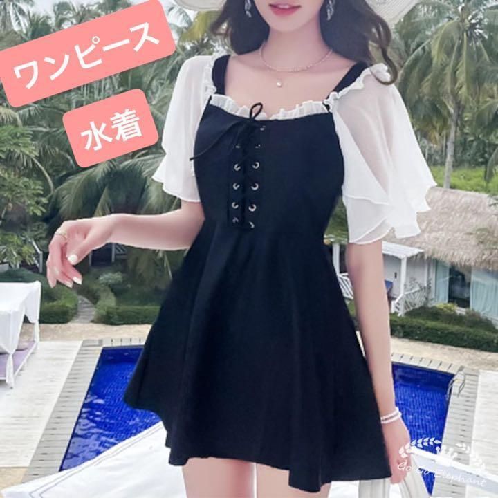 メルカリshops 韓国デザイン シアースリーブレースアップワンピース水着 かわいい