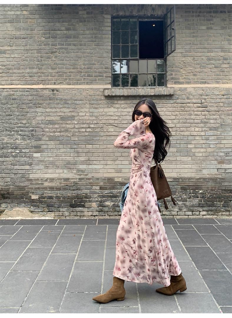 レディース花柄×フレンチローズワンピース 夏秋モテ服 デート-女子会にピッタリ