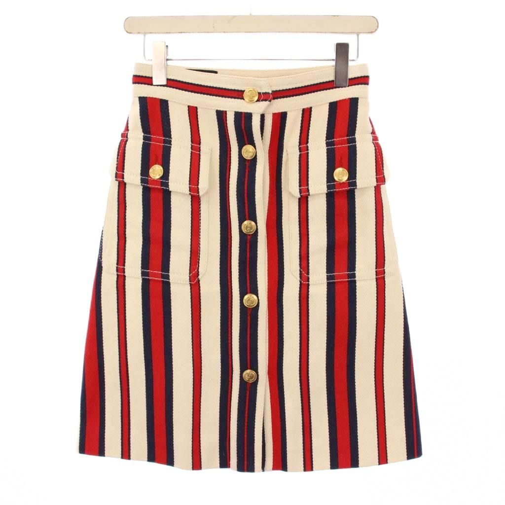 グッチ GUCCI 台形スカート ひざ丈 コットン GGボタン ストライプ 38 ベージュ 519436 |KH