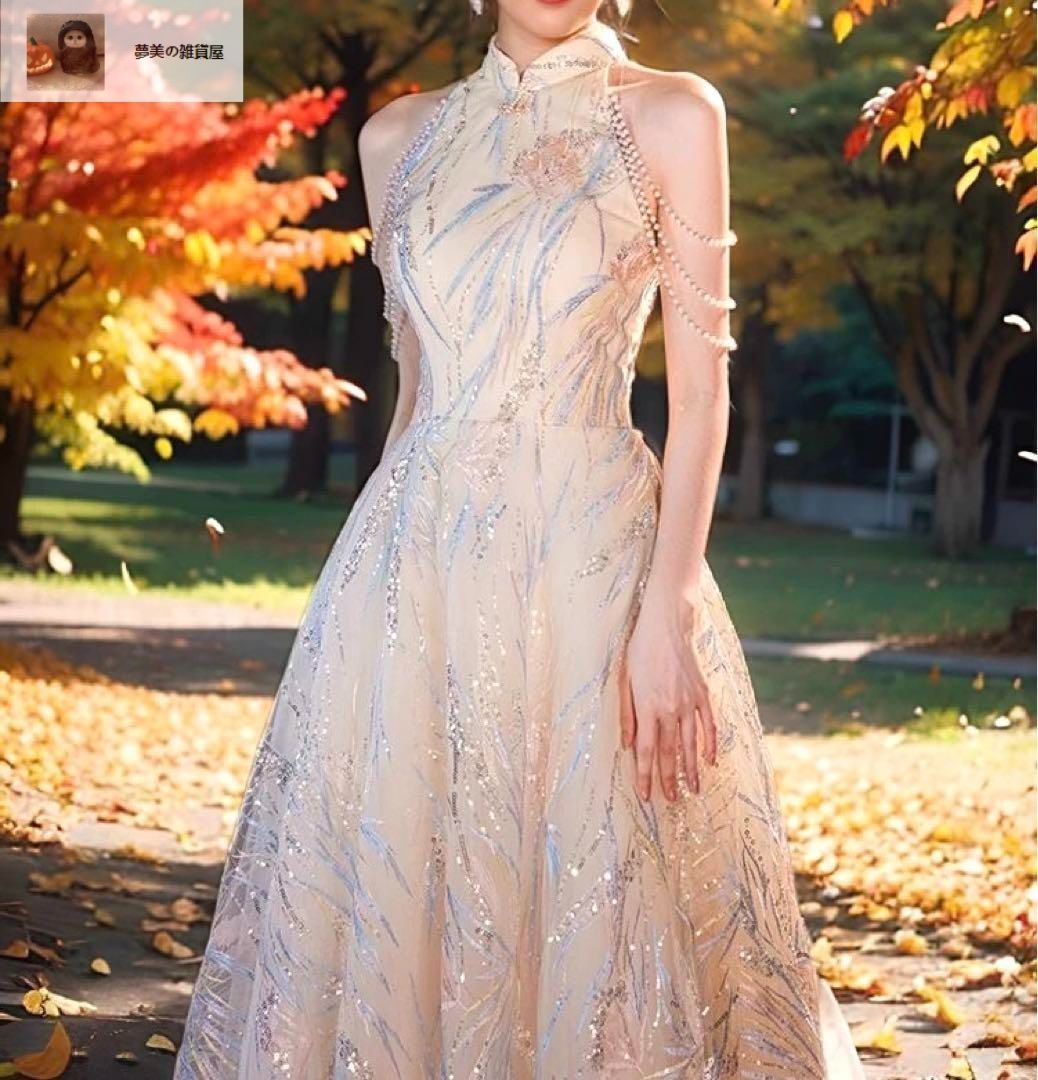 オシャレなデザインのビジューにスパンコール付き ロングドレス