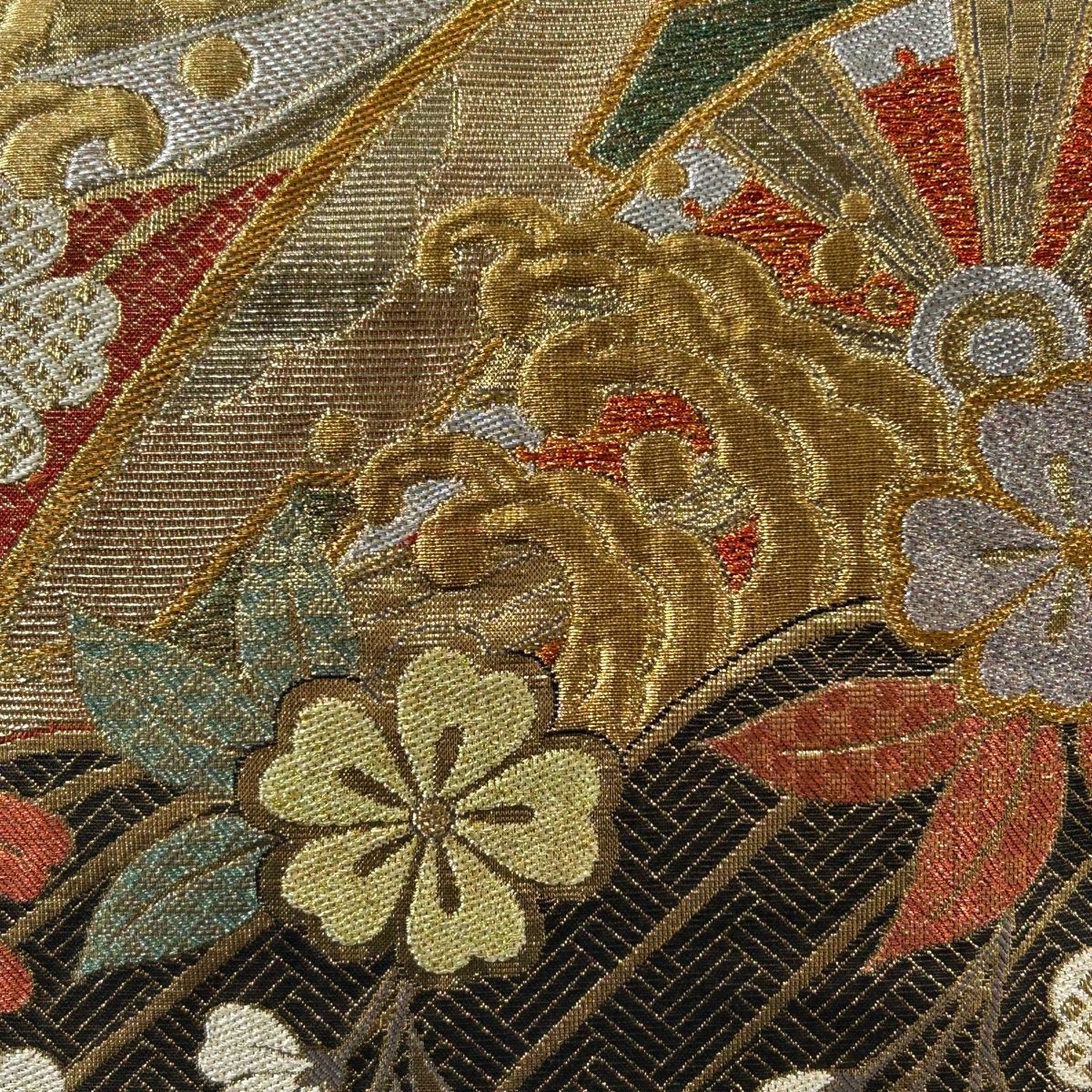 美品 袋帯 美品 秀品 枝花 金彩 山吹色 六通 正絹 【中古】