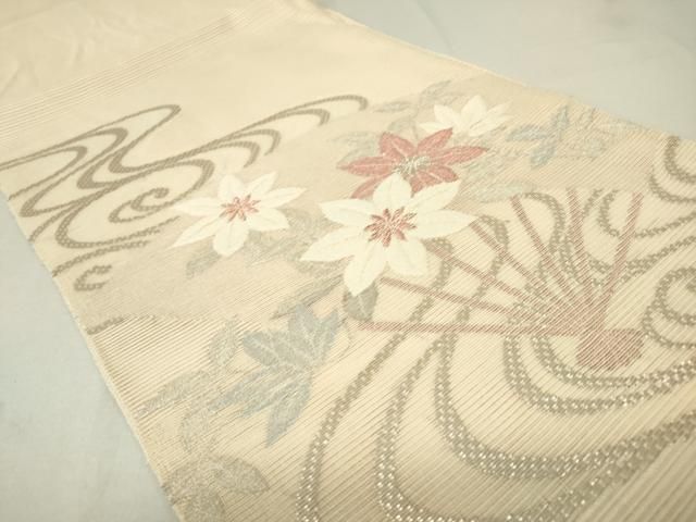 平和屋着物＊夏物 太鼓柄袋帯 流水扇面花文 銀糸 正絹 逸品