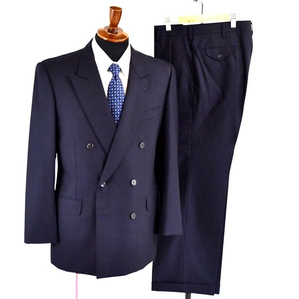 5TB088】Hill Brothers LONDON HENRY POOLE 6つボタン ダブル スーツ A6 / M ダークネイビー 袖口4つ釦 ツータック 08-1026430-113【中古】【メンズビジネス】202502