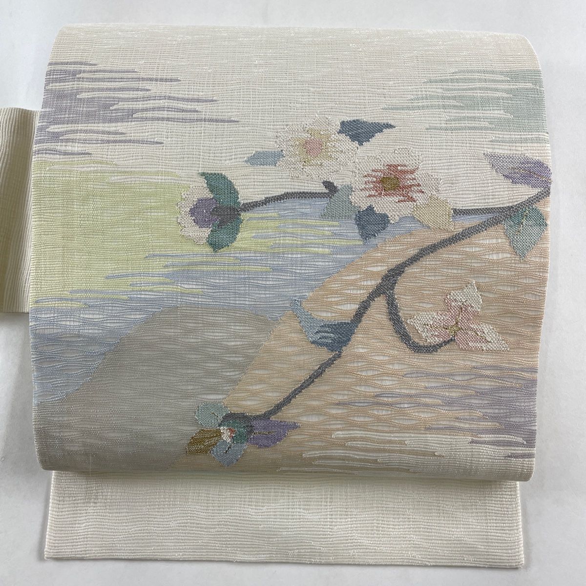 名古屋帯 秀品 夏帯 草花 霞 金銀糸 クリーム 正絹