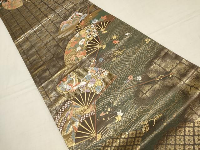 平和屋着物▽六通柄袋帯 扇面花鳥文 金糸 正絹 逸品 AAAZ4033wj