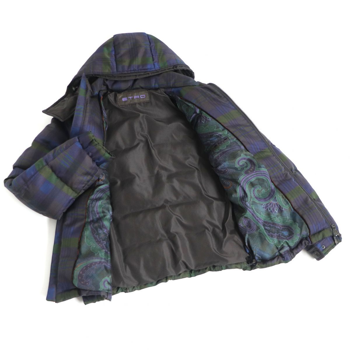 良品□ETRO/エトロ チェック/裏地ペイズリー柄 フーデッド ダブル 