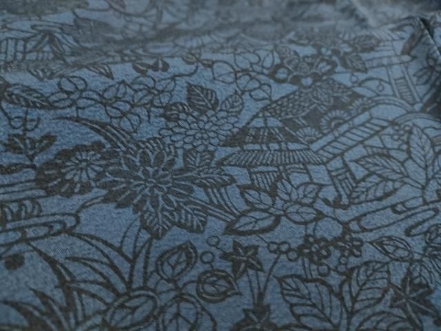 平和屋着物▽本藍　型絵染　小紋　単衣　風景花文　反端付き　正絹　逸品　DAAS0066az 平和屋着物▽本藍 型絵染 小紋 単衣 風景花文 反