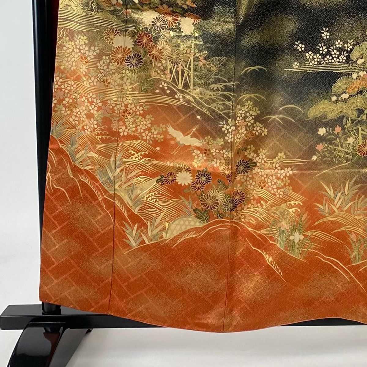 付下げ 身丈158.5cm 裄丈65cm M 袷 梅 流水 金彩 茶緑色 正絹 美品  