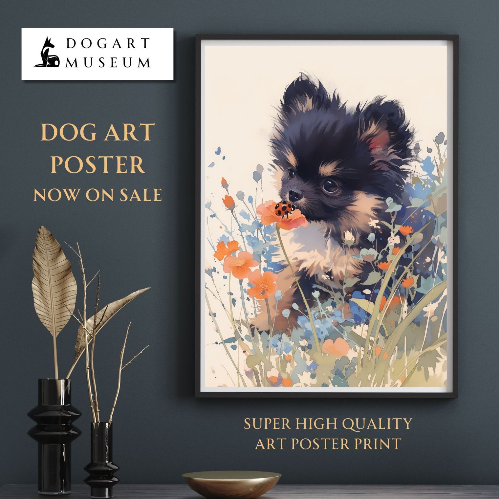 天犬戯舞 - ブラックタン ポメラニアン犬の子犬 No.5】ジークレー版画