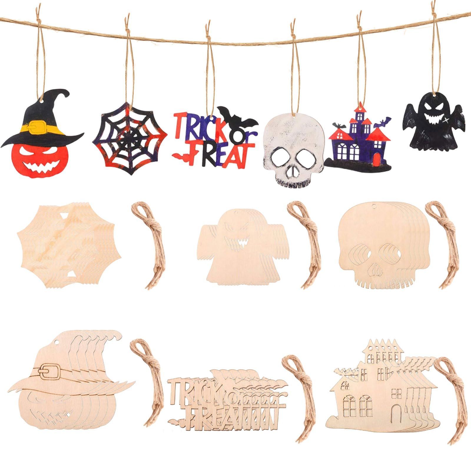 まもなく終了 木製 30枚セット 蜘蛛の巣 スカル おばけ オーナメント カボチャ ハロウィン 飾り オーナメント 吊り下げ 木材チップ ハロウィン スライスペンダント 木製タグ ハロウィン 装飾 麻紐付き