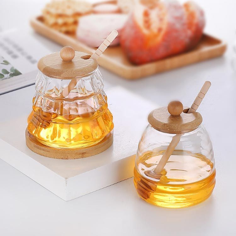 Honey様 ハニーポット おしゃれ かわいい 耐熱ガラス はちみつ容器 透明 竹の蓋
