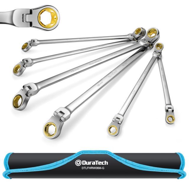 DURATECH メガネレンチセット フレックスラチェットレンチ ラチェットメガネレンチ ロングタイプ なめたボルト ナット対応 8～19mm 72ギア 両頭首振型 CR-V鋼製 鏡面仕上げ 収納バッグ付属 6本セット
