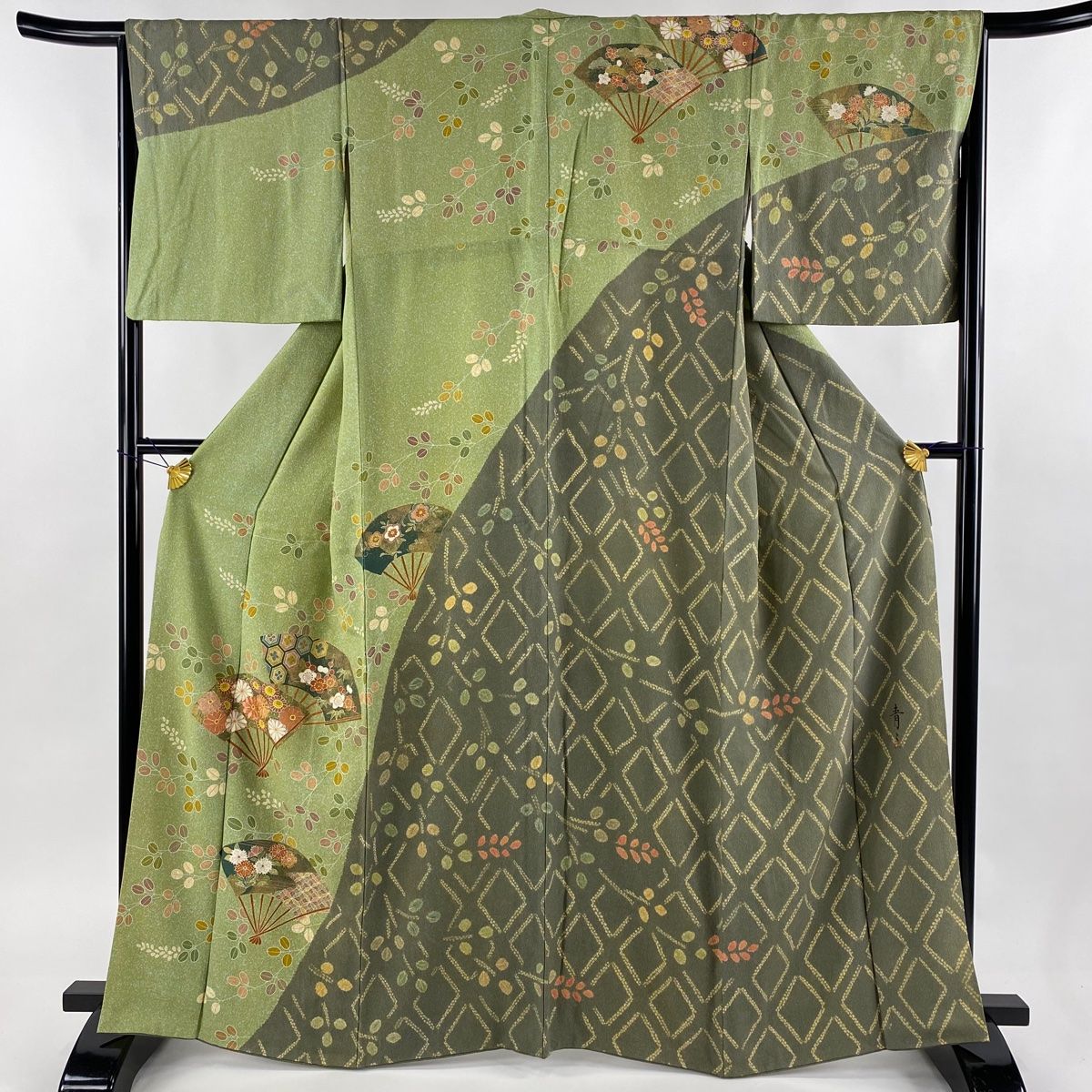 訪問着 身丈163.5cm 裄丈66cm M 袷 松井青々 落款 花扇 萩 金彩 絞り 薄緑 正絹