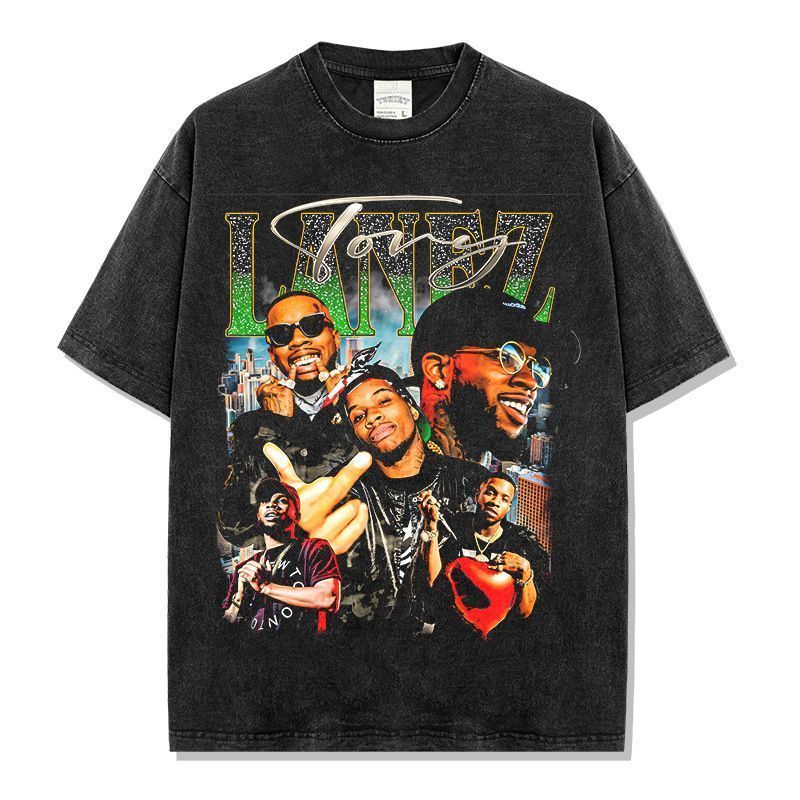 トリー レーンズ Tory Lanez ヴィンテージ加工 プリントシャツ コットン 半袖 Tシャツ 背面無地 S～3XL