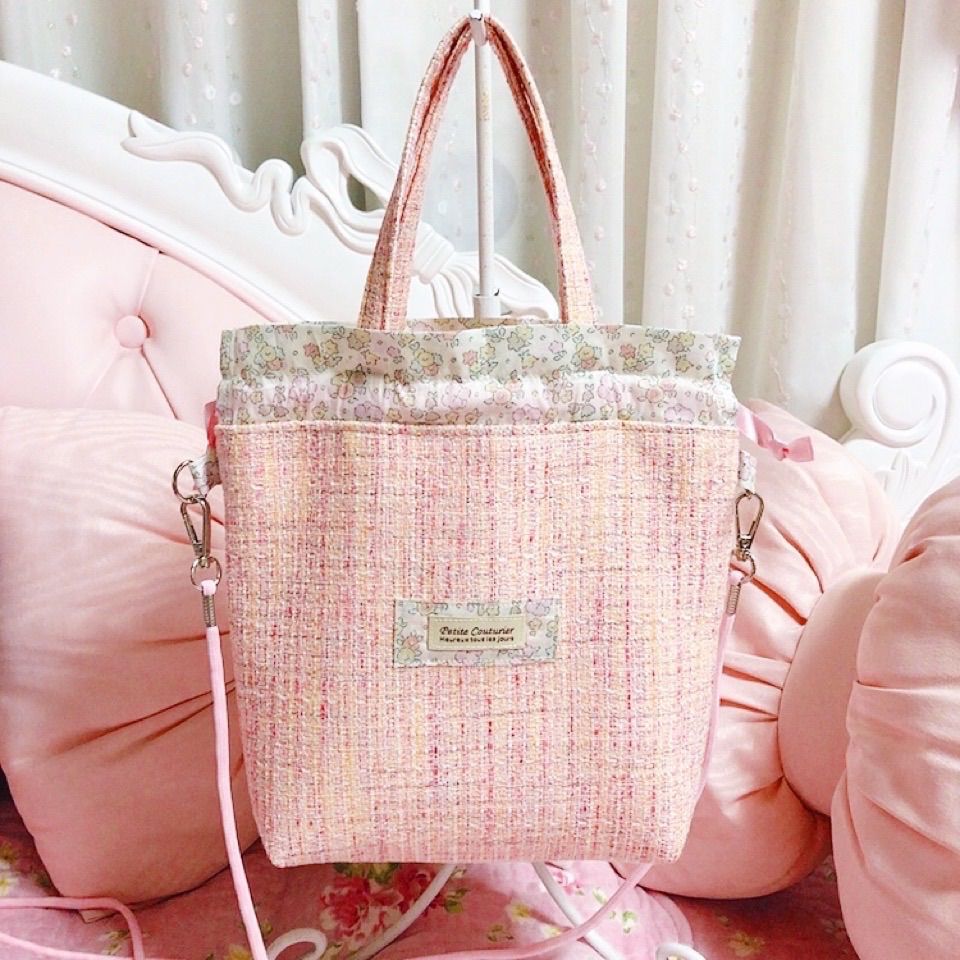 リバティとツイードのトートバッグ　巾着バッグ 3way エラアンドリビー　ファンシーツイード　オレンジ　ショルダーバッグ　大人可愛い　大人ガーリー　スマホショルダー　エレガント　