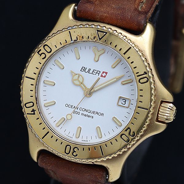 良品 箱付 BULER QZ デイト 白文字盤 メンズ腕時計 2000000 NSK MTM 