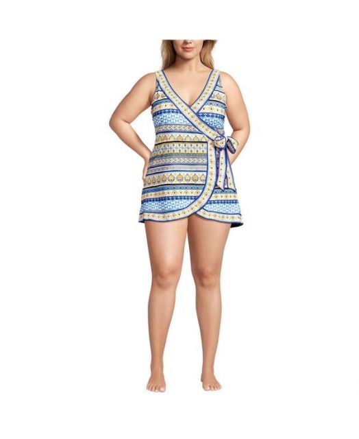 送料無料 ランズエンド レディース ワンピース トップス Women s Side Tie Mini Swim Dress Swimsuit White mosaic stripe border