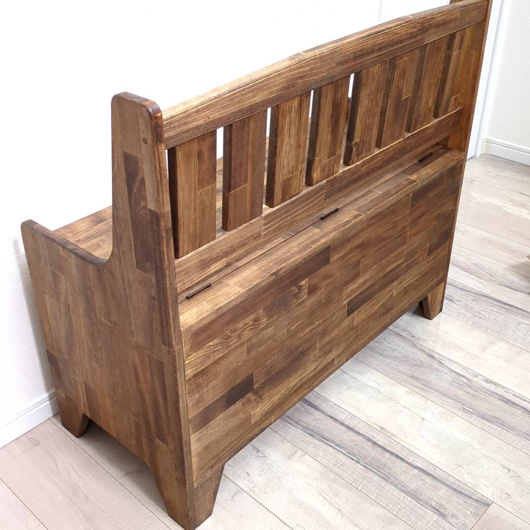 背もたれ付き カントリー風収納付きベンチ