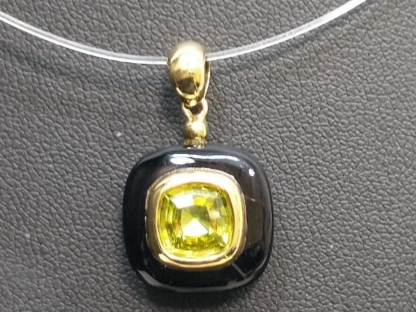 K18 グリーン ブラックストーン ペンダント トップ 3.4g 緑 黒石 スクエア 18K YG 18金イエローゴールド