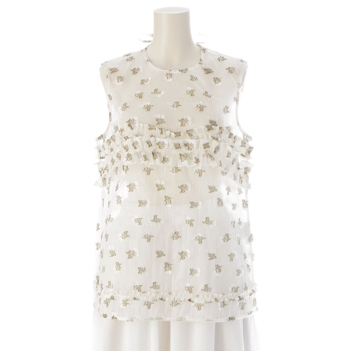 セシリーバンセン 24-25SS シルク ナイロン READY TO WEAR OKSANA TOP ジャガード シアー トップス 4.24RTW11023 ホワイト グリーン UK10 US6