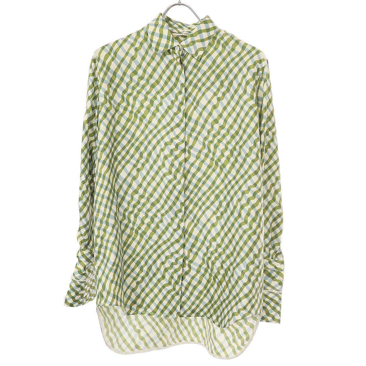 CELINE セリーヌ by Phoebe Philo デタッチャブルカラーウェーブチェックシルクシャツブラウス 2 0AZ5 7229 グリーン×ブルー系 36 ITXFNOCV3834 CELINE セリーヌ by Phoebe Philo デタッチャブルカラーウェーブ