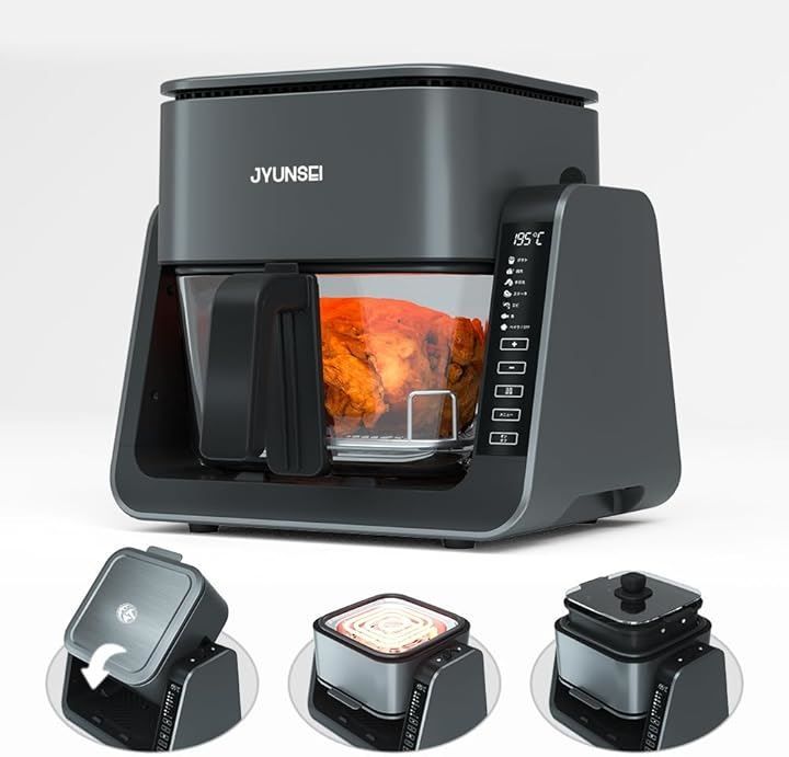 JYUNSEI 潤星 ノンフライヤー 2in1 エアフライヤー＆グリルパン 4L 1.5L 大容量 家庭用 最高温230℃ ノンオイル 唐揚げ 焼き魚対応 1～5人 デジタルタッチパネル 可視窓 温度調整 電気フライヤー PSE認証済 グレー