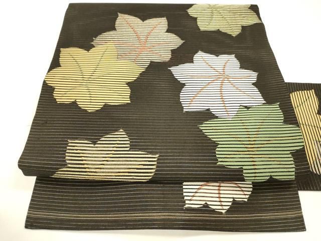 平和屋着物＊夏物 アンティーク 大正ロマン 九寸名古屋帯 舞葉文 黒地 金銀糸 正絹 DAAY8185cm