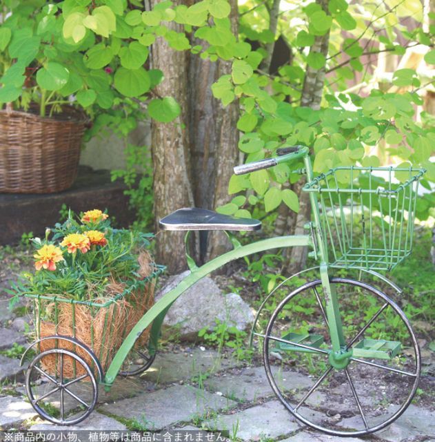プランタースタンド プランターカバー おしゃれ アイアン 鉢入れ 三輪車 ポット2点タイプ ガーデントライシクルグリーン 幅62×奥行28×高さ45cm 自転車 シャビー 1台単位 鉢置き 花置き台 ガーデンオブジェ 玄関 庭 飾り ガーデニング アンティー