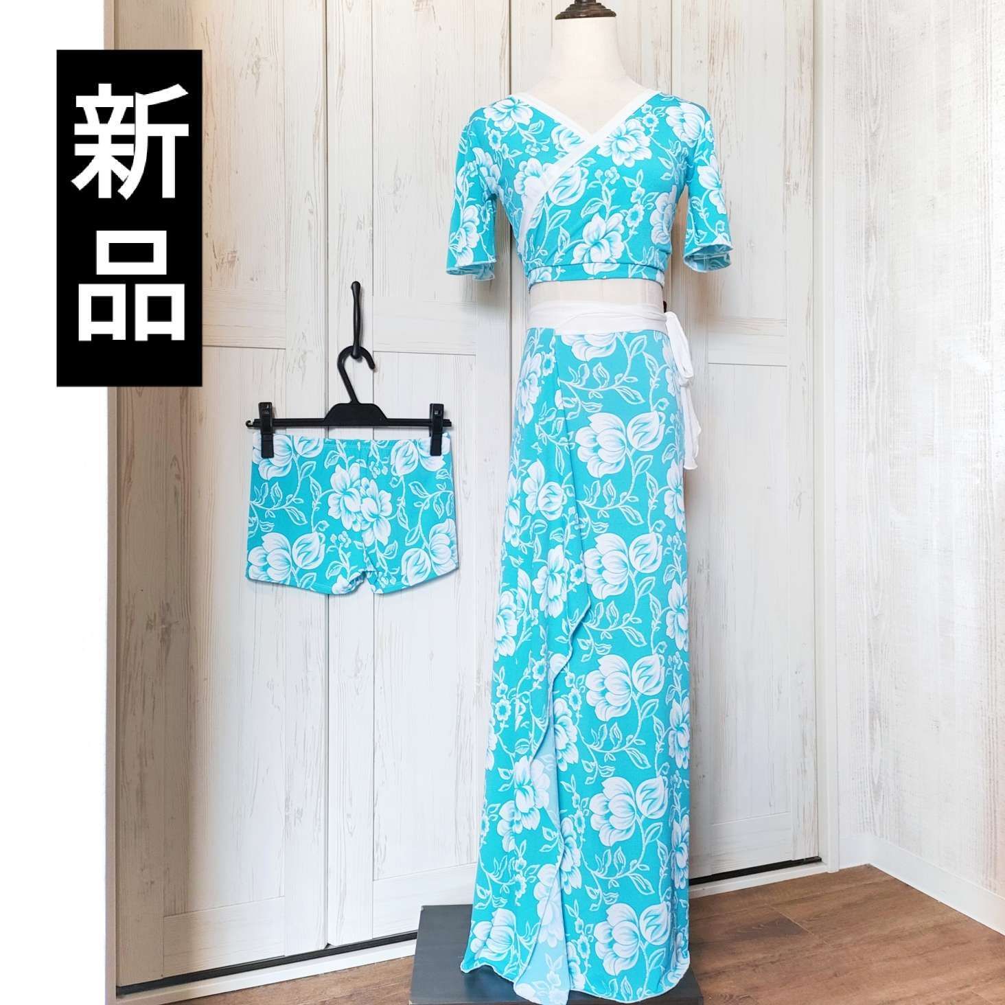 新品ベリーダンス花柄衣装レッスン着ウェア練習着3点セットアップ　トップス　巻きスカート