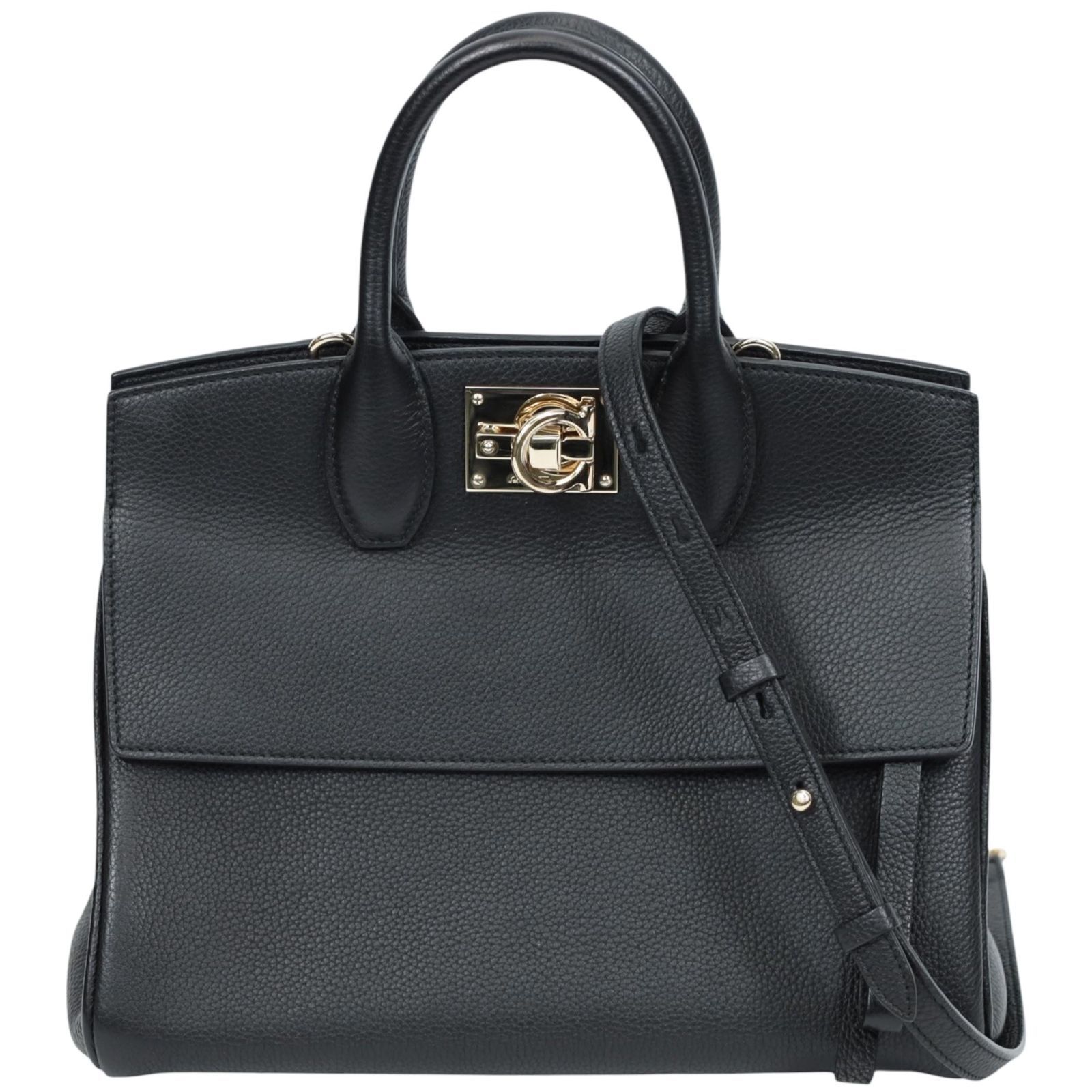 返品OK フェラガモ ガンチーニ スタジオ レザー 2WAYハンドバッグ ブラック Aランク SALVATORE FERRAGAMO 本物